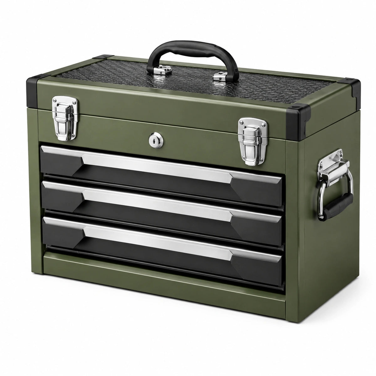 Coffre à outils 50 x 25 x 35 cm en métal vert avec 3 tiroirs verrouillable portable