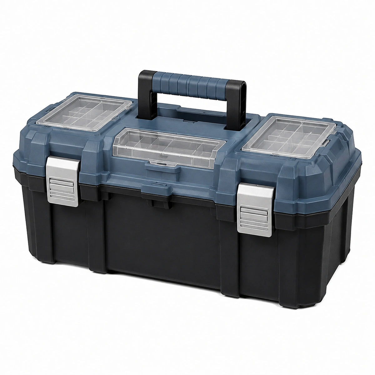 Boîte à outils 50 x 25 x 25 cm en plastique bleu noir avec organiseurs et poignée
