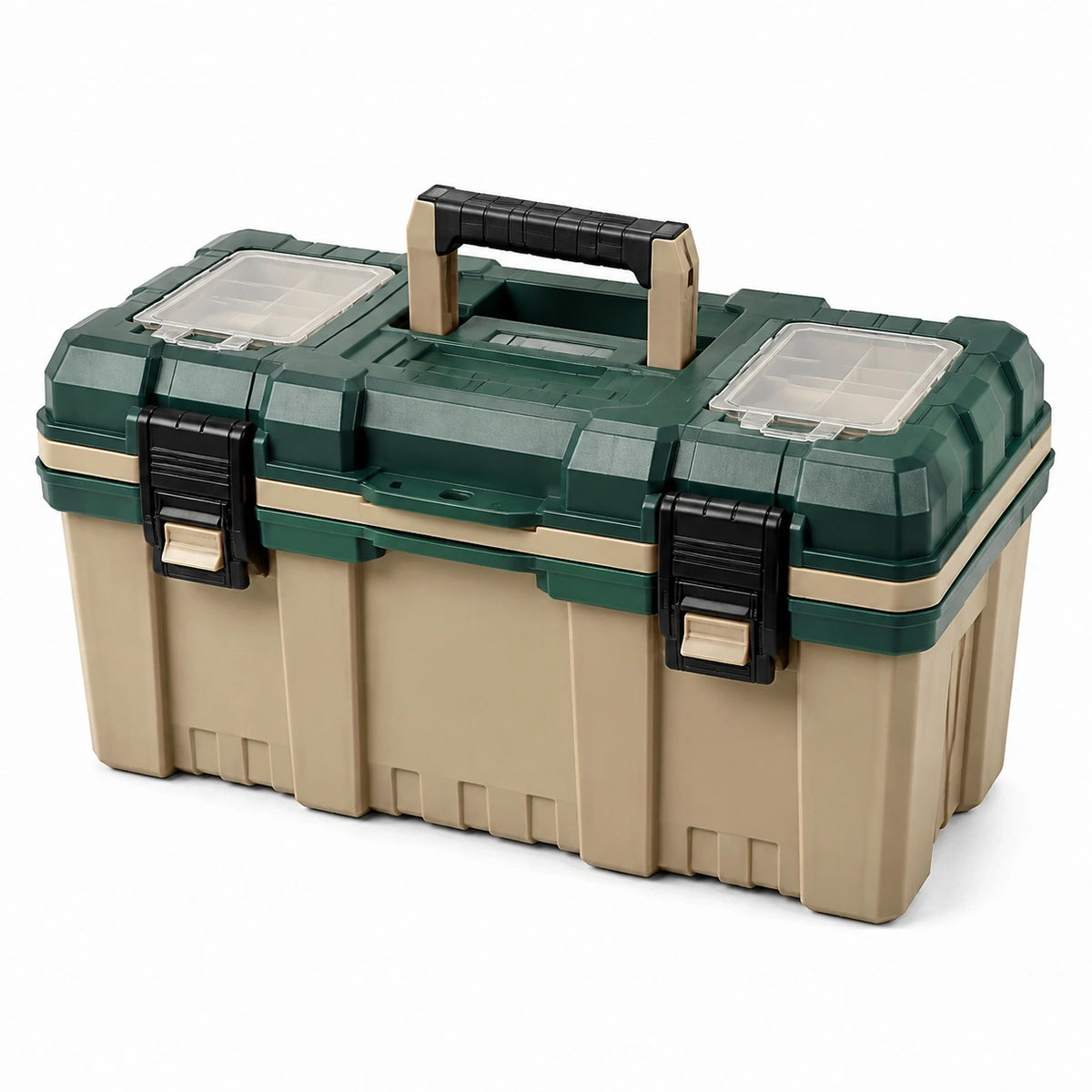 Boîte à outils 55 x 30 x 28 cm en plastique vert beige avec poignée et compartiments