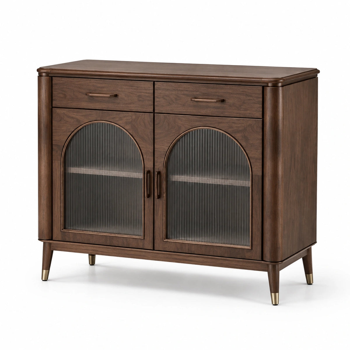 Buffet 120 cm en bois marron foncé avec portes en verre strié style rétro