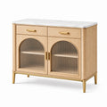 Buffet 120 cm en bois beige avec plateau effet marbre et portes en verre strié