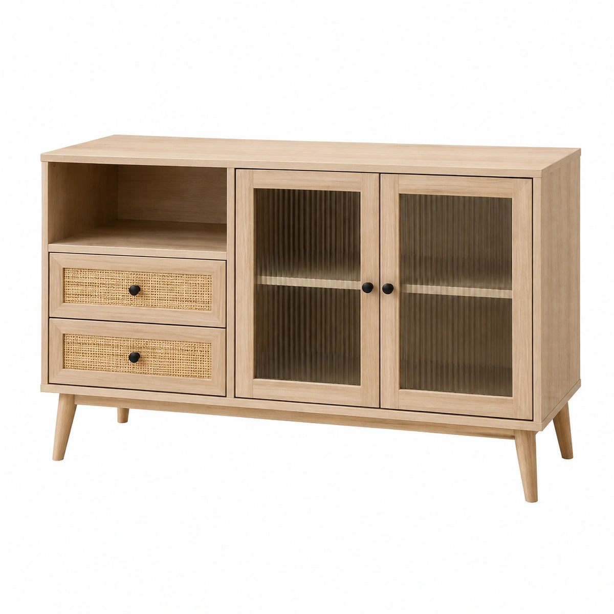 Buffet 120 x 40 x 80 cm en bois beige avec cannage et portes vitrées style naturel