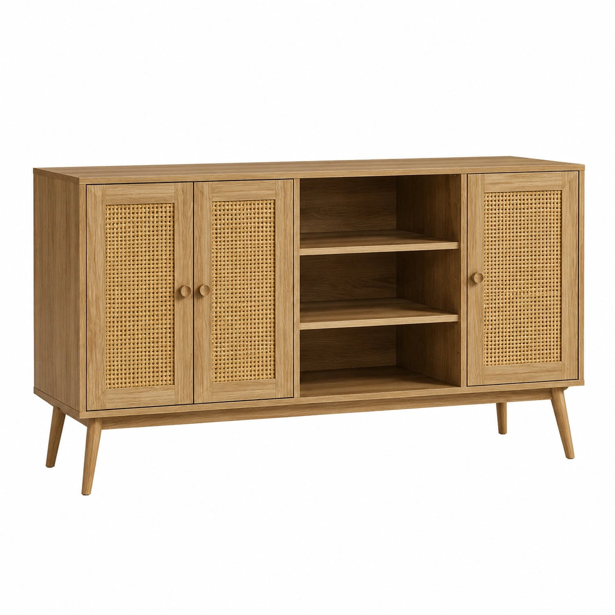 Buffet 160 x 40 x 85 cm en bois naturel et cannage - rangement style rétro