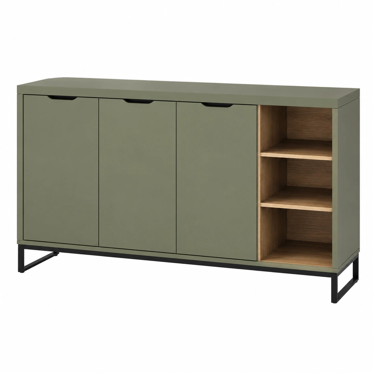 Buffet 160 x 40 x 85 cm vert olive et bois avec 3 portes rangement moderne