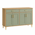 Buffet 140 x 40 x 90 cm en panneaux de bois vert sauge pour rangement style contemporain avec 2 tiroirs et 4 portes