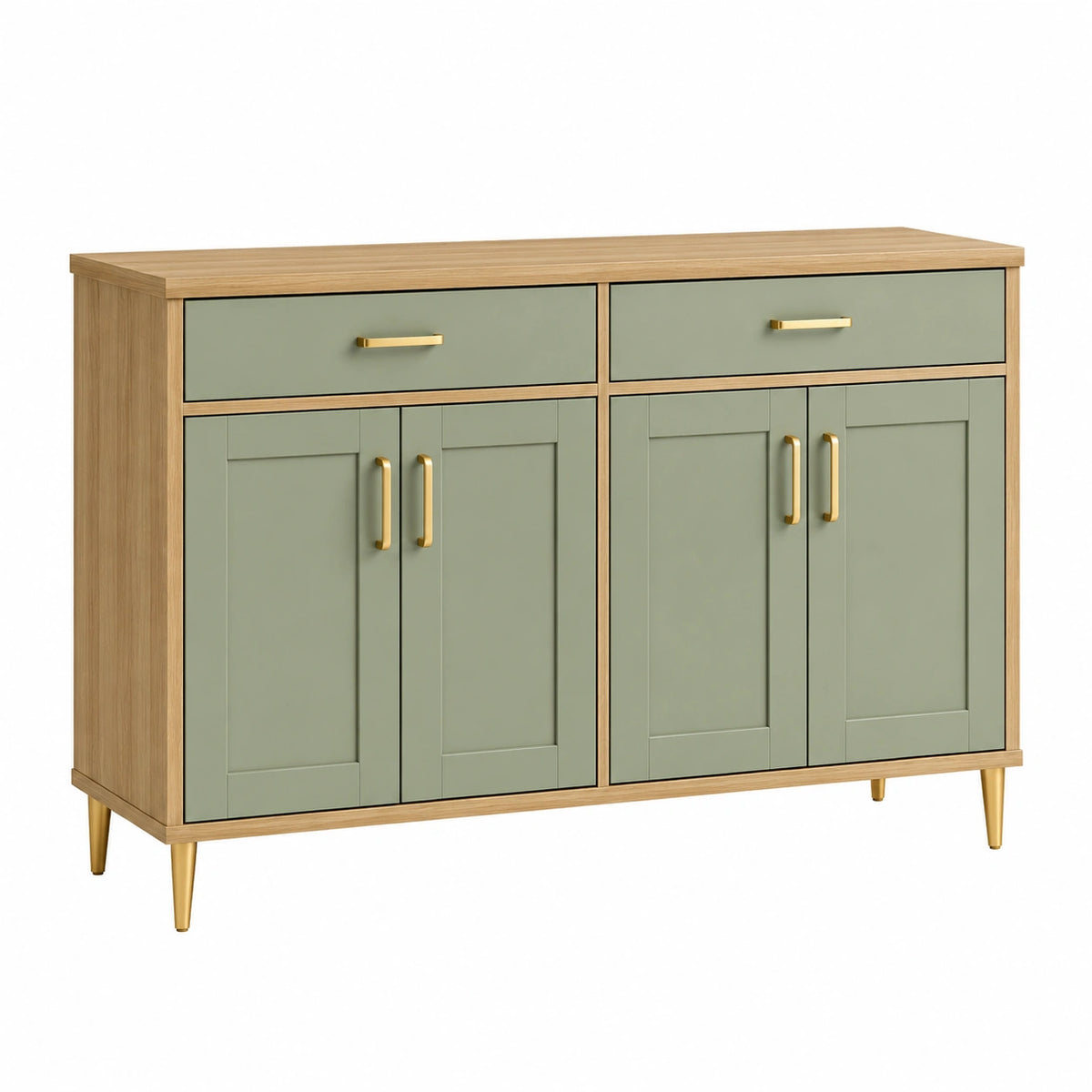 Buffet 140 x 40 x 90 cm en panneaux de bois vert sauge pour rangement style contemporain avec 2 tiroirs et 4 portes