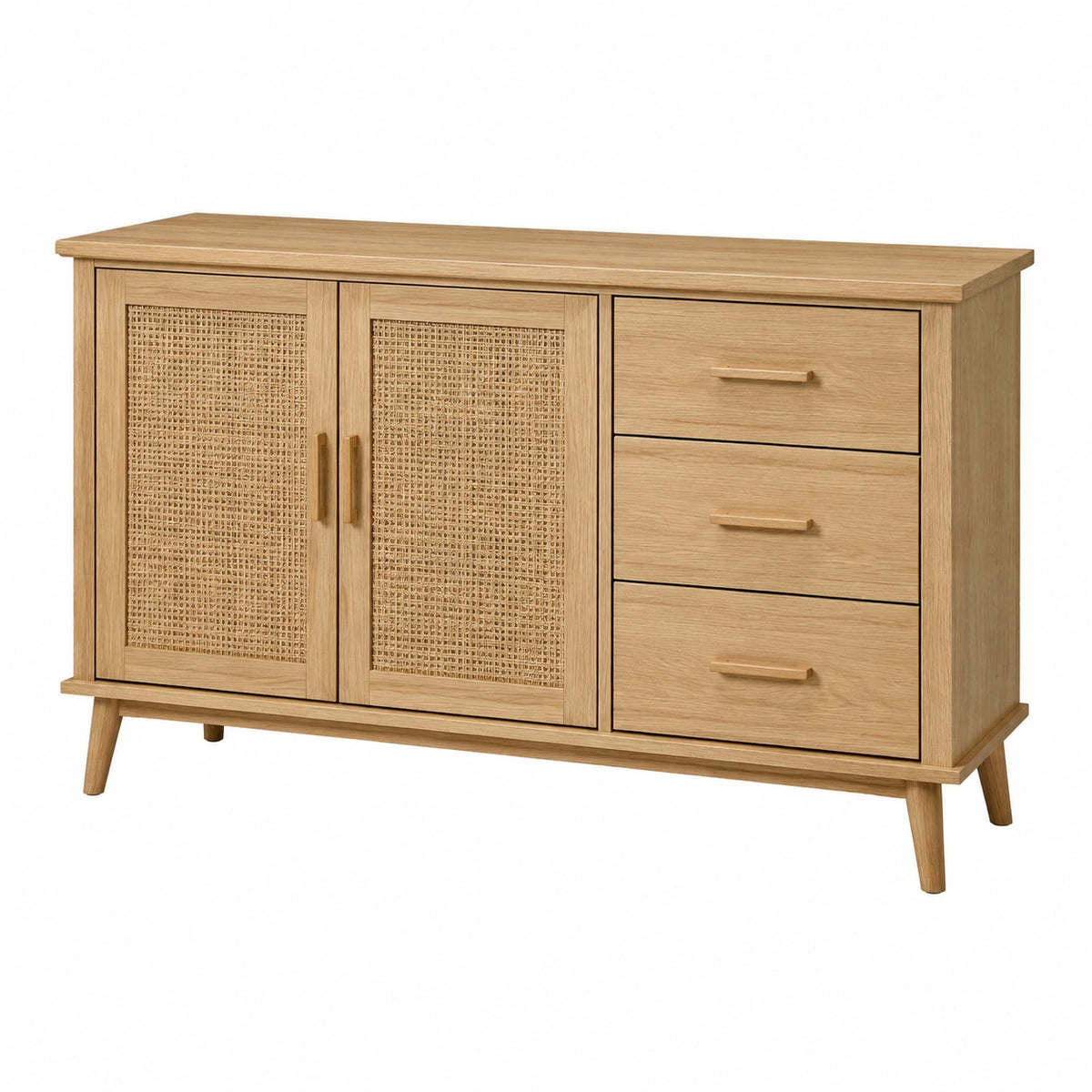Buffet 140 x 40 x 85 cm en bois finition chêne avec cannage naturel style rétro