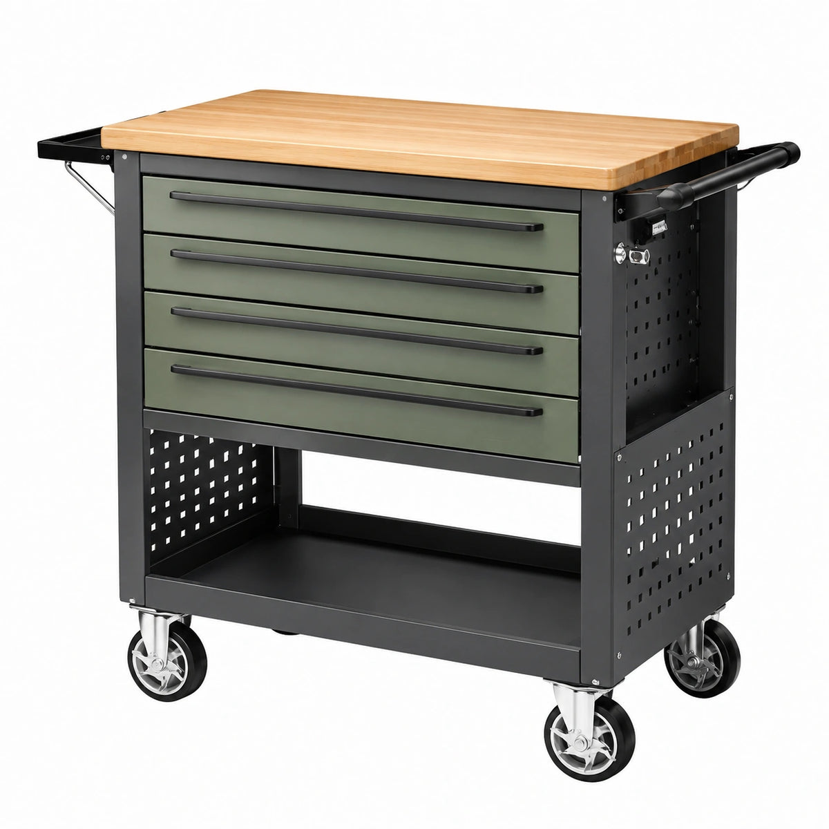 Desserte d'atelier 100 x 50 x 90 cm en acier noir vert avec plateau en bois 4 tiroirs mobile