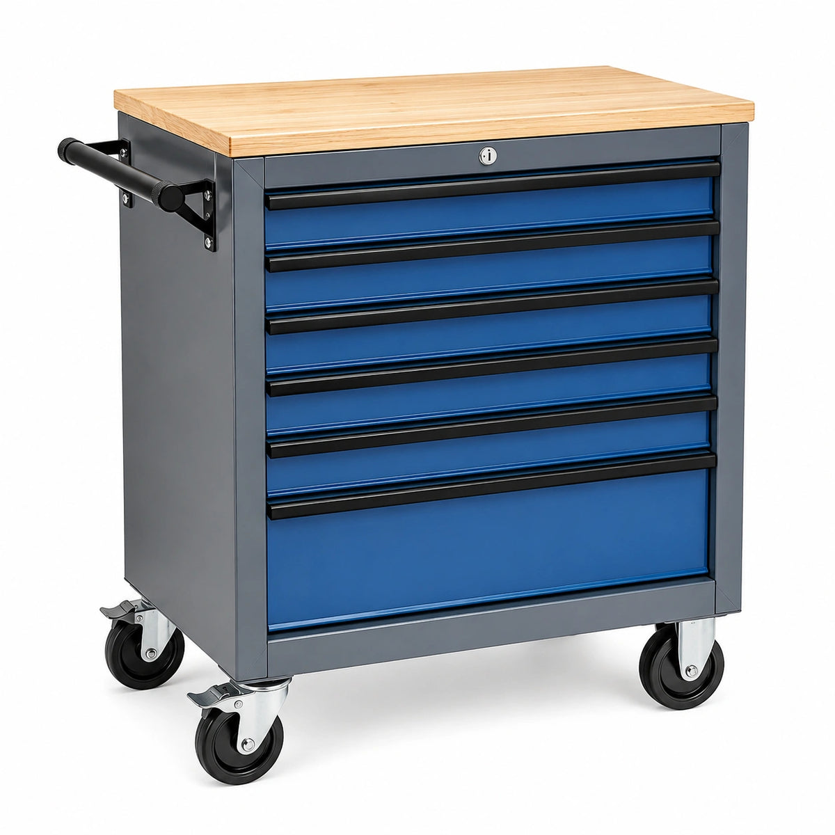 Servante d'atelier 75 x 46 x 100 cm en acier bleu gris avec plateau en bois 7 tiroirs à roulettes