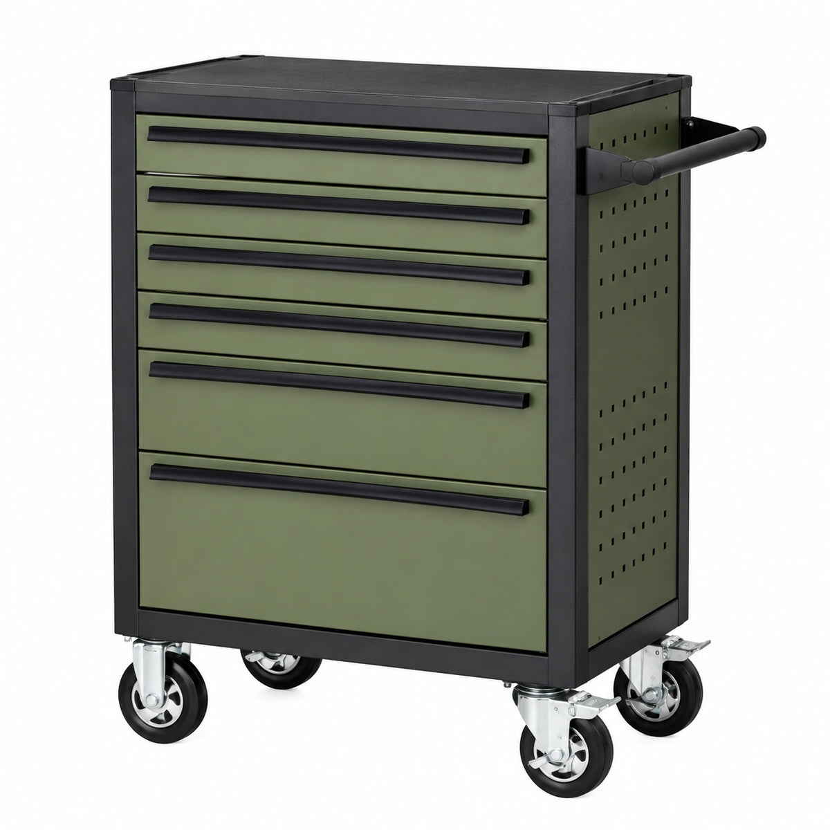 Servante d'atelier 80 x 50 x 95 cm en acier vert kaki et noir à 6 tiroirs avec roulettes