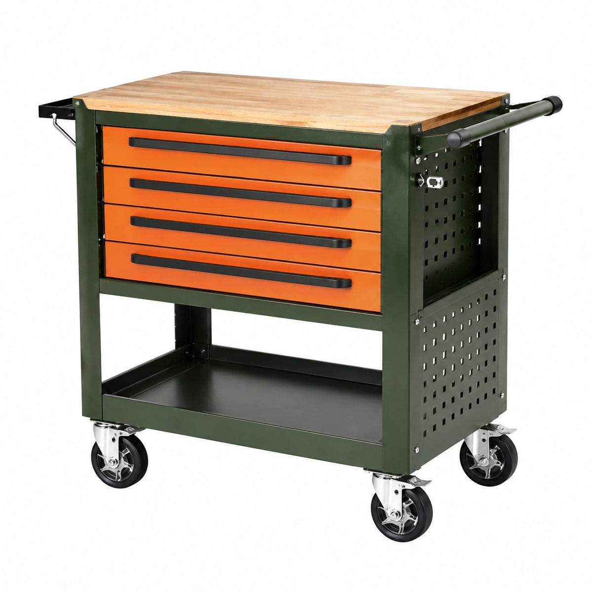 Desserte d'atelier 110 x 55 x 95 cm en acier et bois vert orange avec 4 tiroirs sur roulettes