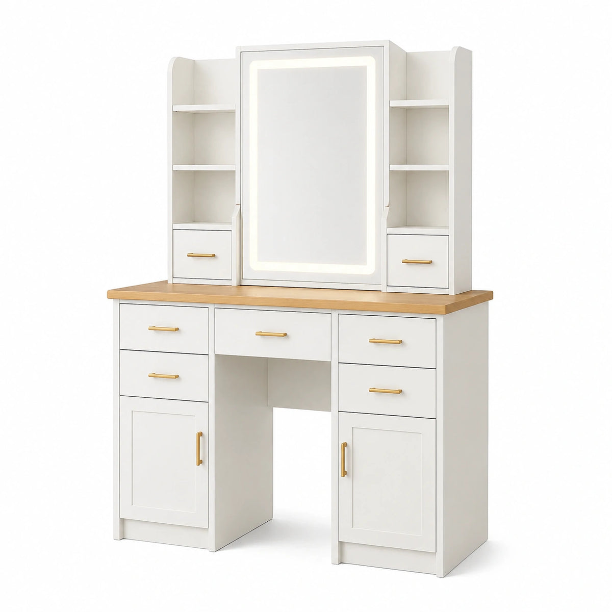 Coiffeuse 120 x 45 x 160 cm blanc naturel avec miroir lumineux et rangements