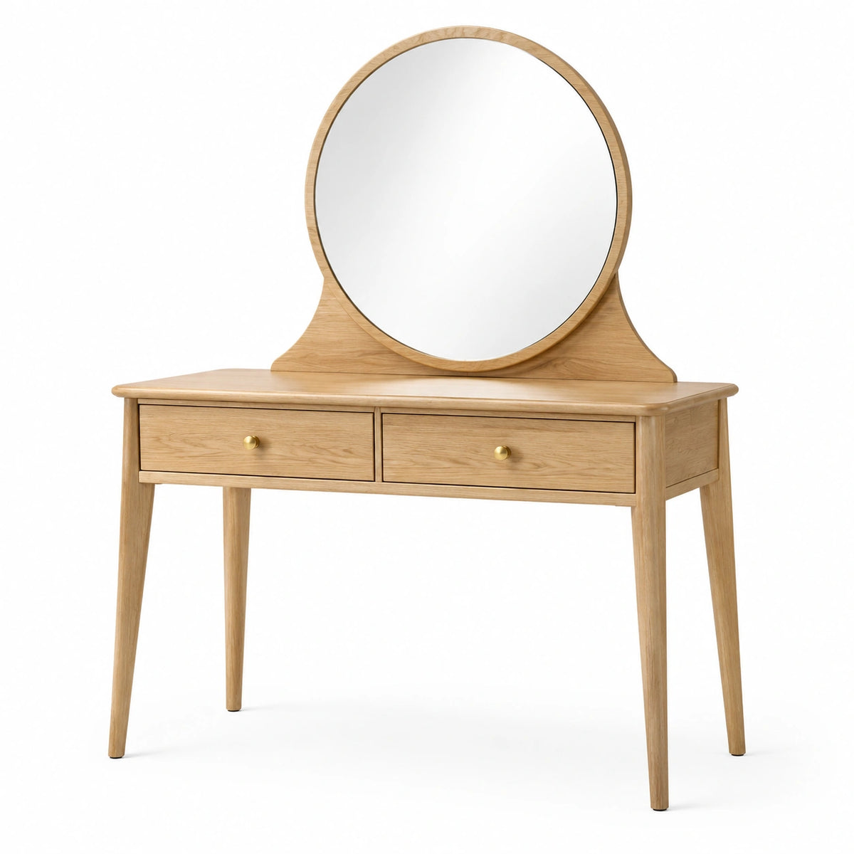 Coiffeuse 100 x 45 x 150 cm en bois clair avec miroir rond et 2 tiroirs