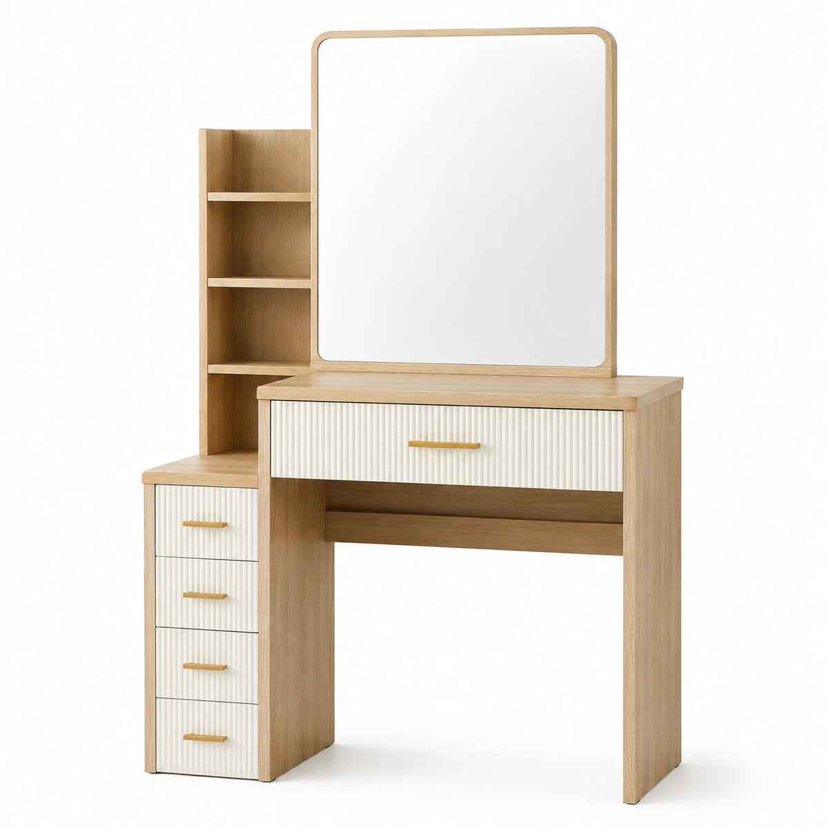 Coiffeuse 120 x 45 x 160 cm en bois beige avec miroir et rangements style contemporain