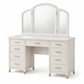 Coiffeuse 120 x 45 x 151 cm blanche en panneaux de bois avec miroir triptyque et 9 tiroirs style classique