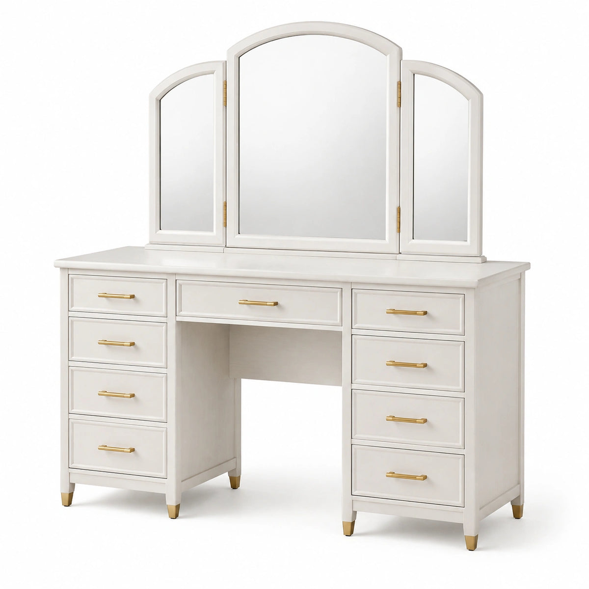 Coiffeuse 120 x 45 x 151 cm blanche en panneaux de bois avec miroir triptyque et 9 tiroirs style classique