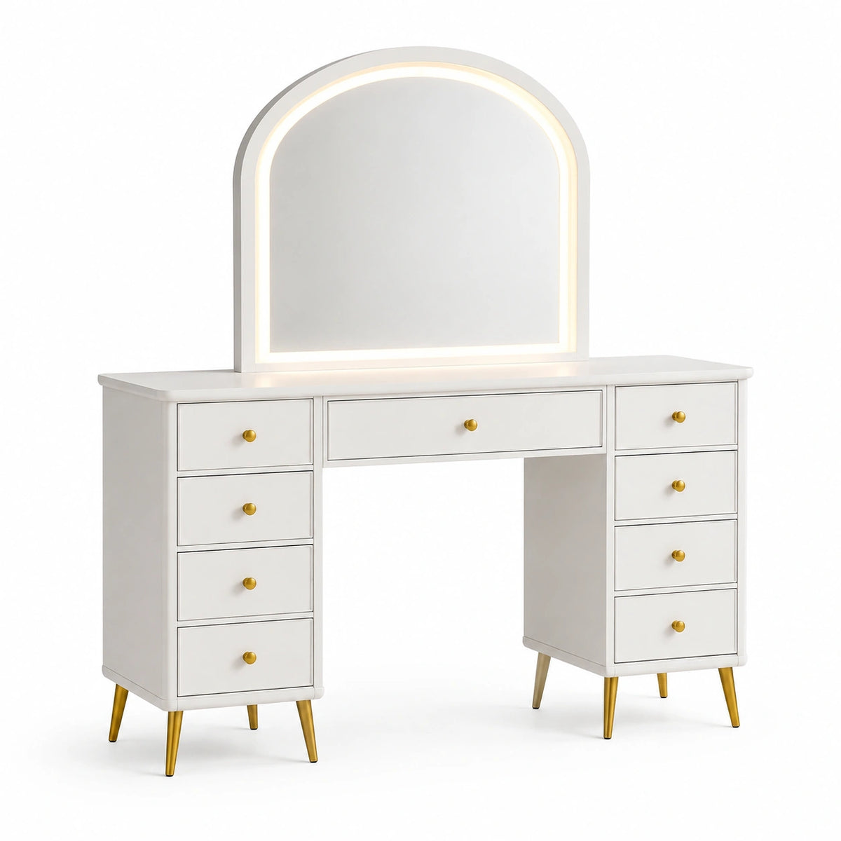 Coiffeuse 120 cm avec miroir lumineux en panneaux de bois blanc doré - style moderne avec 9 tiroirs