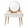 Coiffeuse 100 x 45 x 145 cm en panneaux de bois blanc et bois clair avec miroir rond et tiroirs style scandinave