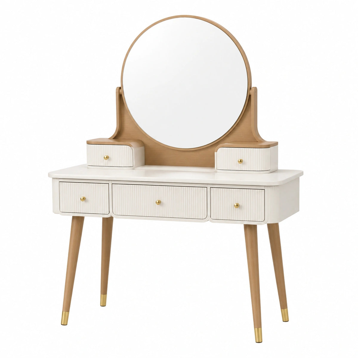 Coiffeuse 100 x 45 x 145 cm en panneaux de bois blanc et bois clair avec miroir rond et tiroirs style scandinave