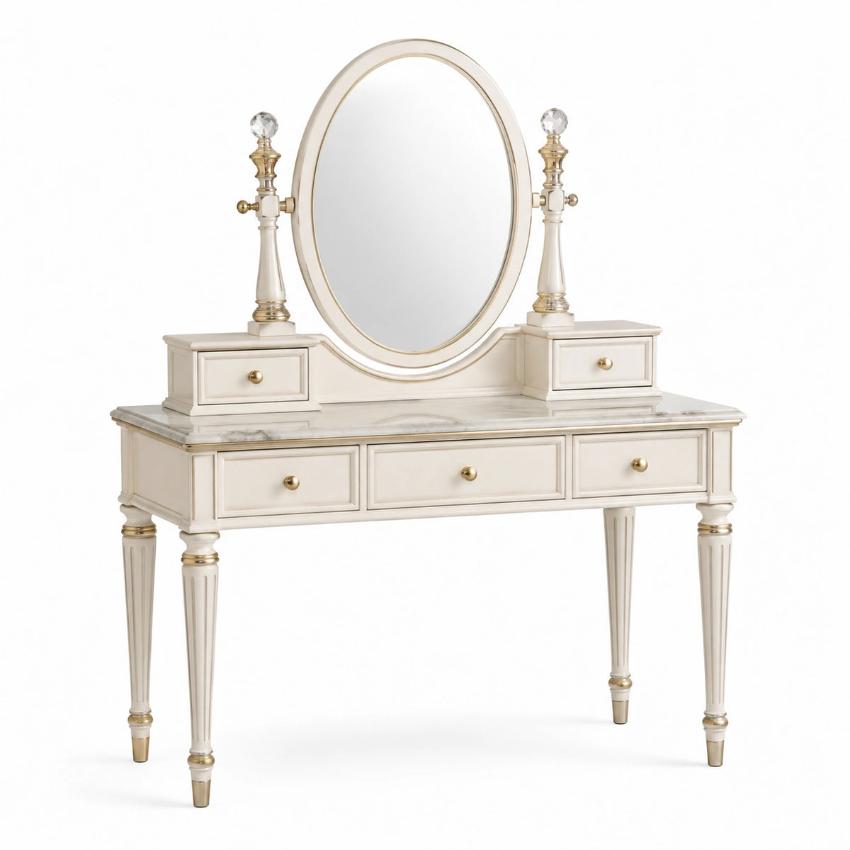 Coiffeuse 120 x 50 x 154 cm en bois ivoire et doré avec miroir ovale pivotant style classique
